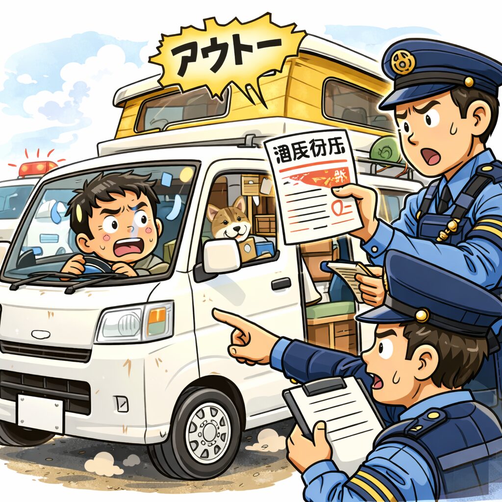 バンタイヤを履かずに警察に取り締まりを受けている商用ナンバーのキャンピングカー